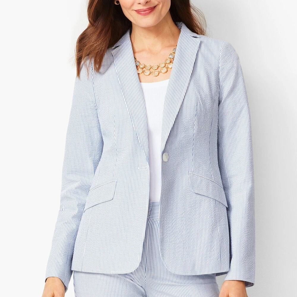 Talbots NWT Blue White Stripe Seersucker Lightweight One Button Blazer Jacket